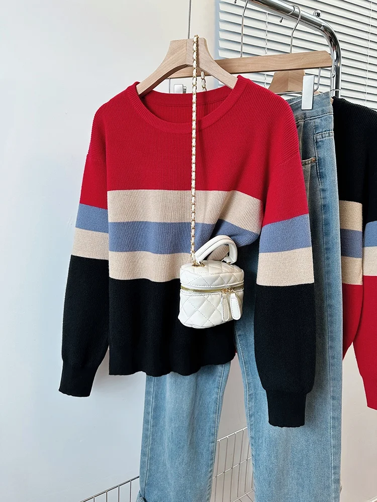 

Свободный крой, женский трикотаж большого размера, круглый полосатый свитер, осенне-зимняя верхняя одежда, удобный утягивающий базовый слой, топ