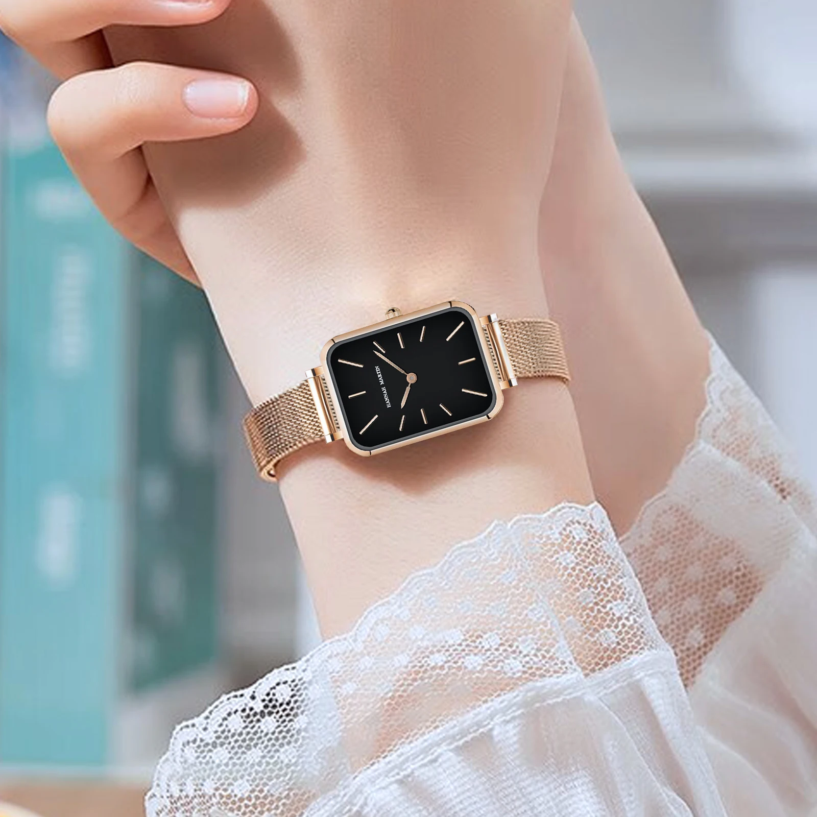 HANNAH MARTIN Brand Women Simple Watch Square Fashion Japanese Quartz Movement Stainless Steel Mesh Belt 3Bar Waterproof Watches