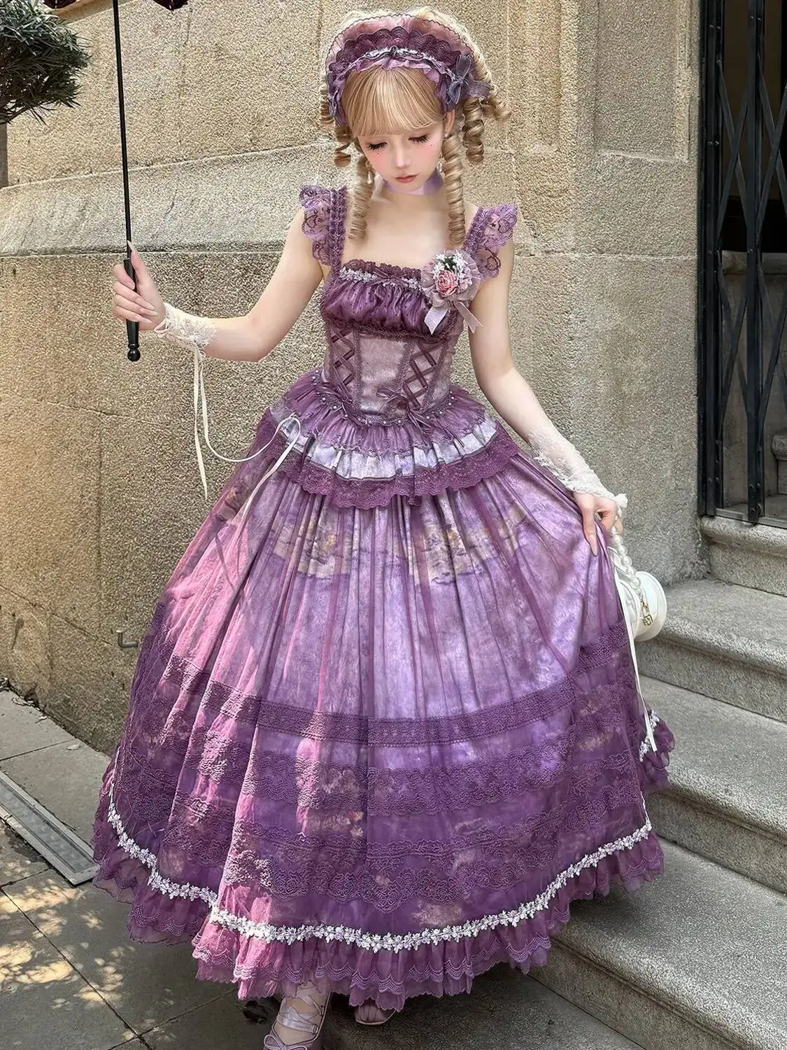 

Princess Elegant Top And Skirt Sk Purple Green Lace Manor Halter Top "Pastoral Style" Costume Birthday Present Lolita
