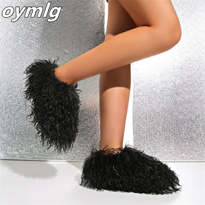 2024 New Beach Wool Sheep Curled Mongolian Fur Integrated Warm and Anti slip Slippers One line Dragging