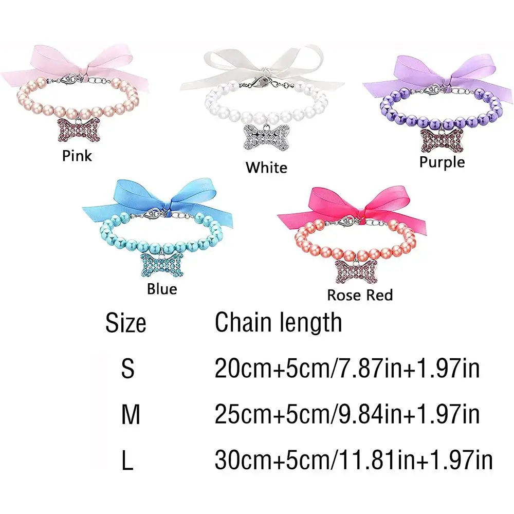 Cute Pet Pearl Necklace Bow Cat Dog Collar Diamond Dog Bone Pendant Adjustable Tie Pet Jewelry