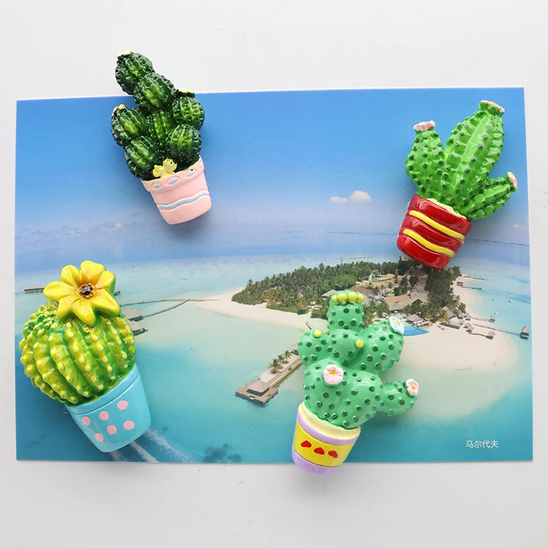 Resin 3D Lovely Green Cactus Plant Charm Fridge Magnets Strong Magnetic Hook Push Pin for Photo Memo Map Fixed Display DIY Decor
