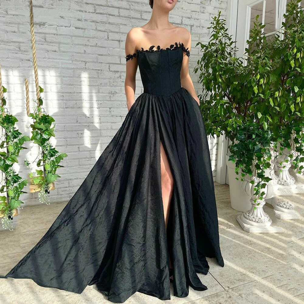 

BridalAffair Long Beach Prom Dresses 2022 Off Shoulder Neckline Lace Arabic-Dubia Evening Gowns Formal Side Split