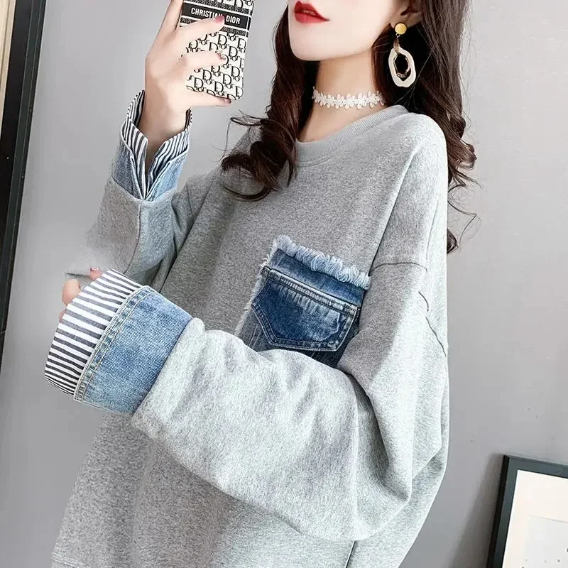 Spring Autumn Sweater Pullover Women\'s 2024 New Loose Fashion Pocket Zipper Sweatshirt Long Sleeve Denim Stitching T-Shirt Top