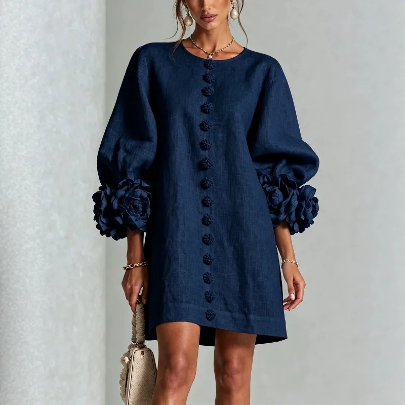 2026 Independent Station French Three-dimensional Flower Lantern Sleeve Dress Temperament Commuter Sweet Straight Floral Sleeves