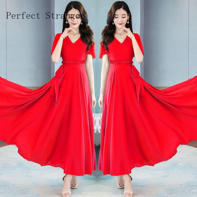 Summer Vintage  Boho Dresses Elegant Women Bodycon Party Vestidos 2024 Solid Casual Chiffon  Long Beach Maxi Dress