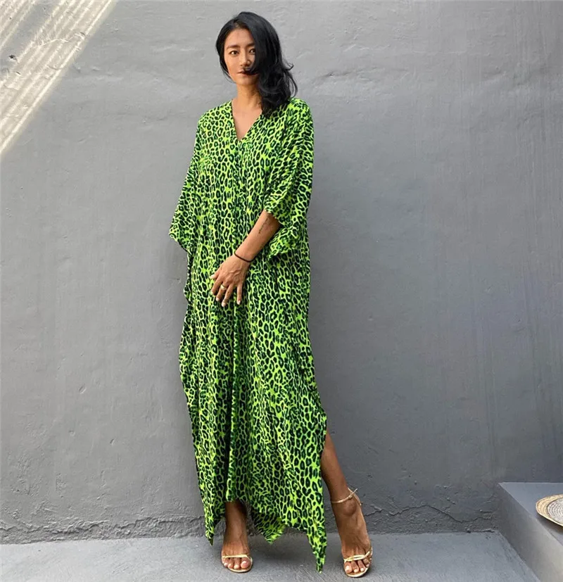 Leppard بوهو طباعة شاطئ فستان بيكيني التستر الستر ل سارنغ للشاطئ رداء دي بلاج فضفاض بيكيني التستر Vestido De Playa