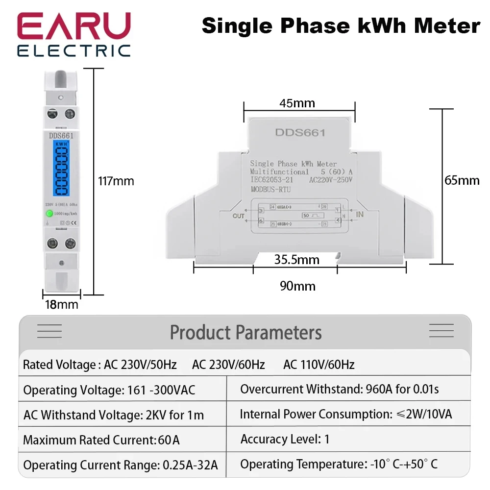 Single Phase Backlight Wattmeter Power LCD Digital Display Consumption Meter KWh 60A 110V 230VAC 50Hz Watt Din Rail Energy Meter