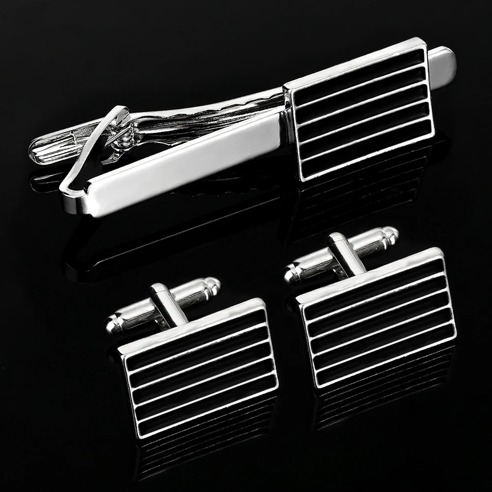 Classic Black Stripe Design Oblong Shaped Cufflinks&Tie Clip Set Iceed Men Formal Party Shirt Suit Tuxedo Blouse Jewelry