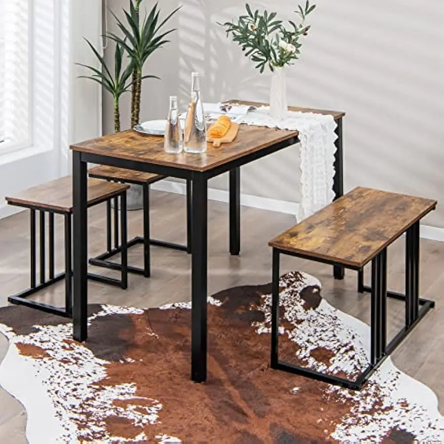 4 Piece Dining Table Set, Kitchen Table and Chairs for 4, Nesting Furniture Set w/Bench & 2 Stools, Space-Saving Table S