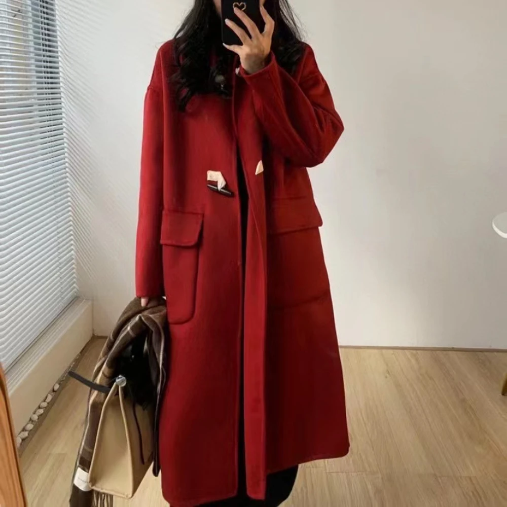 Women\'s Elegant 100% Long Cashmere Coat, Wool Jacket, Horn Buttons, Straight Overcoat, Outerwear, Autumn, Winter, 2023