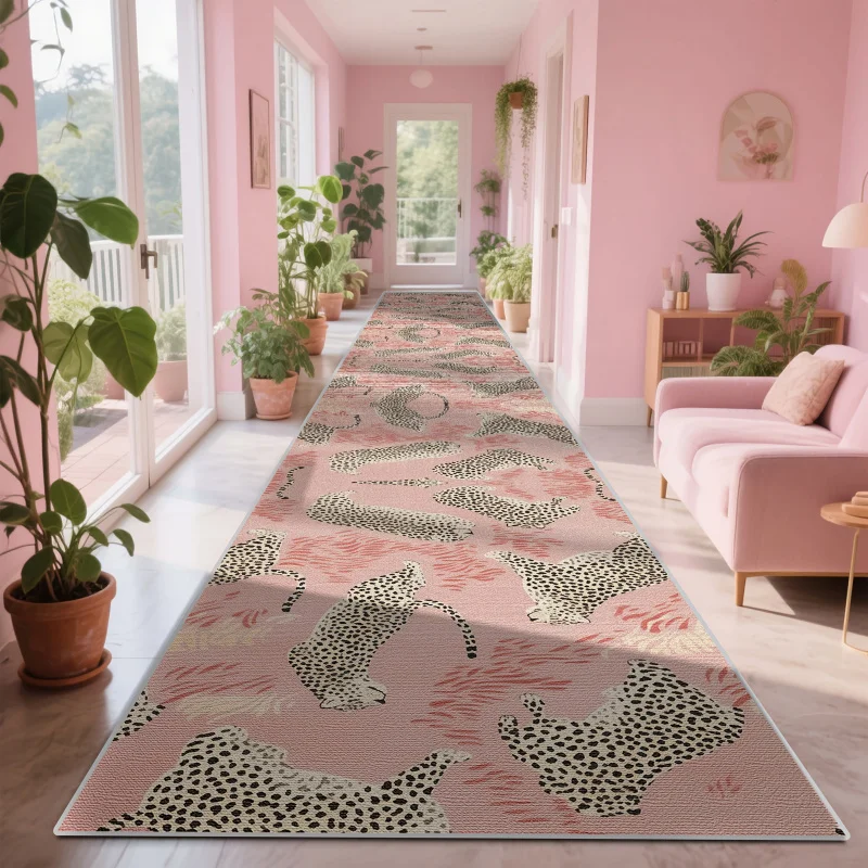 VIKAMA Pink Leopard Print Long Rug for French Luxury Entrance Hall Floor Mat Anti-Slip Kitchen Bedroom Carpet Home Decoration