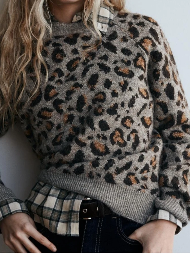 Autumn and winter new lazy style leopard print animal print jacquard round neck knitted sweater for women