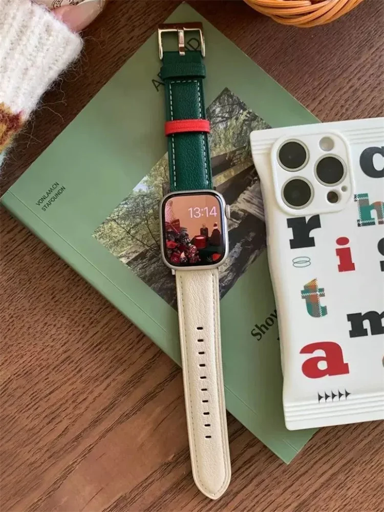 Correa de cuero de Navidad para Apple Watch, Correa de Corea para Apple Watch de 49mm, 45, Ultra 2, 44, 41, 42, Correa para Iwatch Series 9, 8, 7, SE