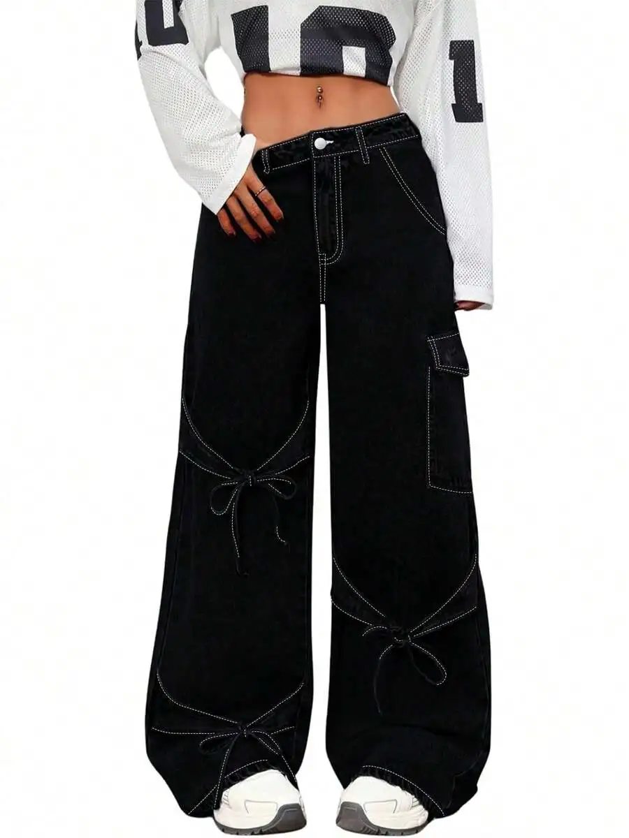 

Black Wide-Leg Cargo Denim Pants With High Waist, Bow-Tie Accents, Loose Fit For Casual Retro Streetwear Style