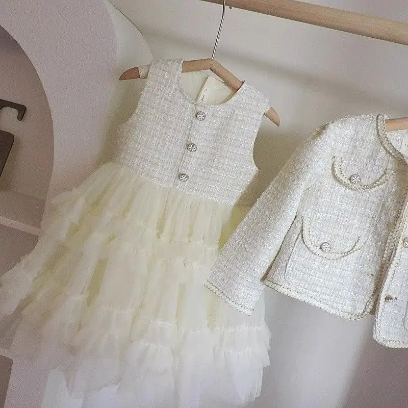Fashion Coat +Dress Vintage Outfits Suit 2-10Y Girls Sweet Clothing Suit Kids Girl Princess Clothes Sets Spring Autumn Children