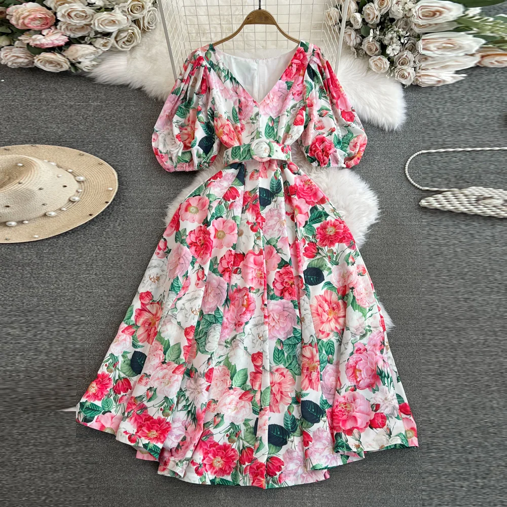 

ALPHALMODA 2024 Spring New Retro Style Floral Printed Belted Elegant Women Dress Puff Short-sleeved High Waist Vintage Outfit