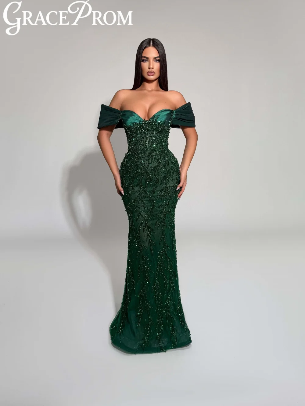 

Emerald Embroidery Beaded Evening Dress Off Shoulder Exquisite Formal Party Gown Customized Stunning Straight Long Banquet Gowns