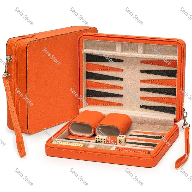 Master Design Travel Chess And Backgammon Set Acrylic Pieces Leather Case Mini Portable Gaming Board For Adults 25X19X6cm