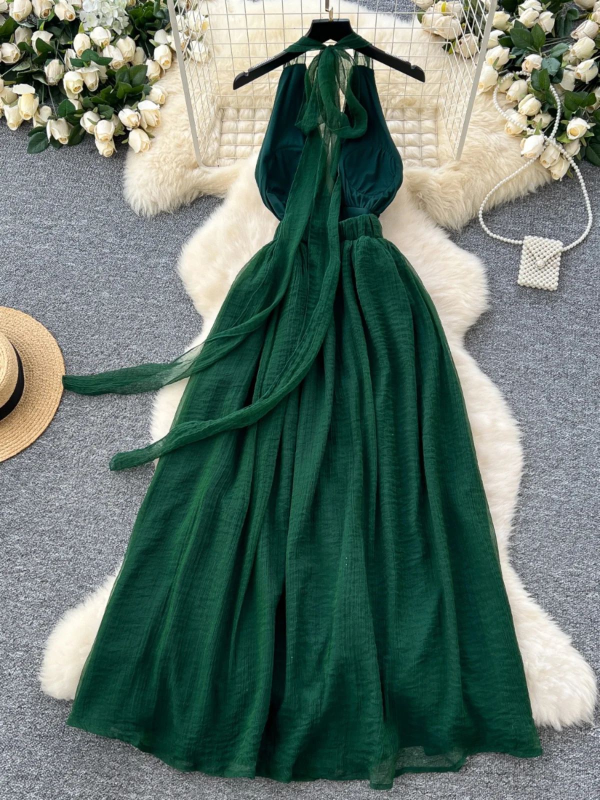 Elegant Party Dress Women French Style Deep V-neck Hanging Neck Strap Split  Backless Long Dresses Ladies Vintage Green Long Robe
