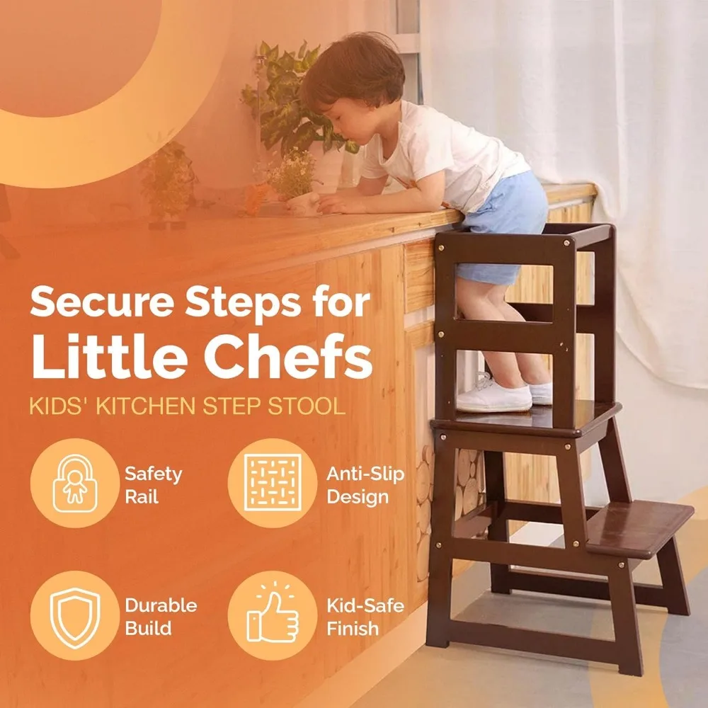 Kids Kitchen Step Stool with Safety Rail, Wide Platform Design, 4 Anti Slip Strips Holds Up To 150 Pounds, Kitchen Step Stool