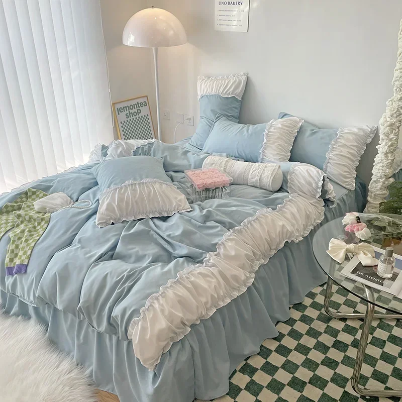 Sweet Laciness Blue Polyester Bed Sheet Duvet Cover Pillowcase Four-piece Spring Autumn Summer Bedding Set Bed Shirt M066-3