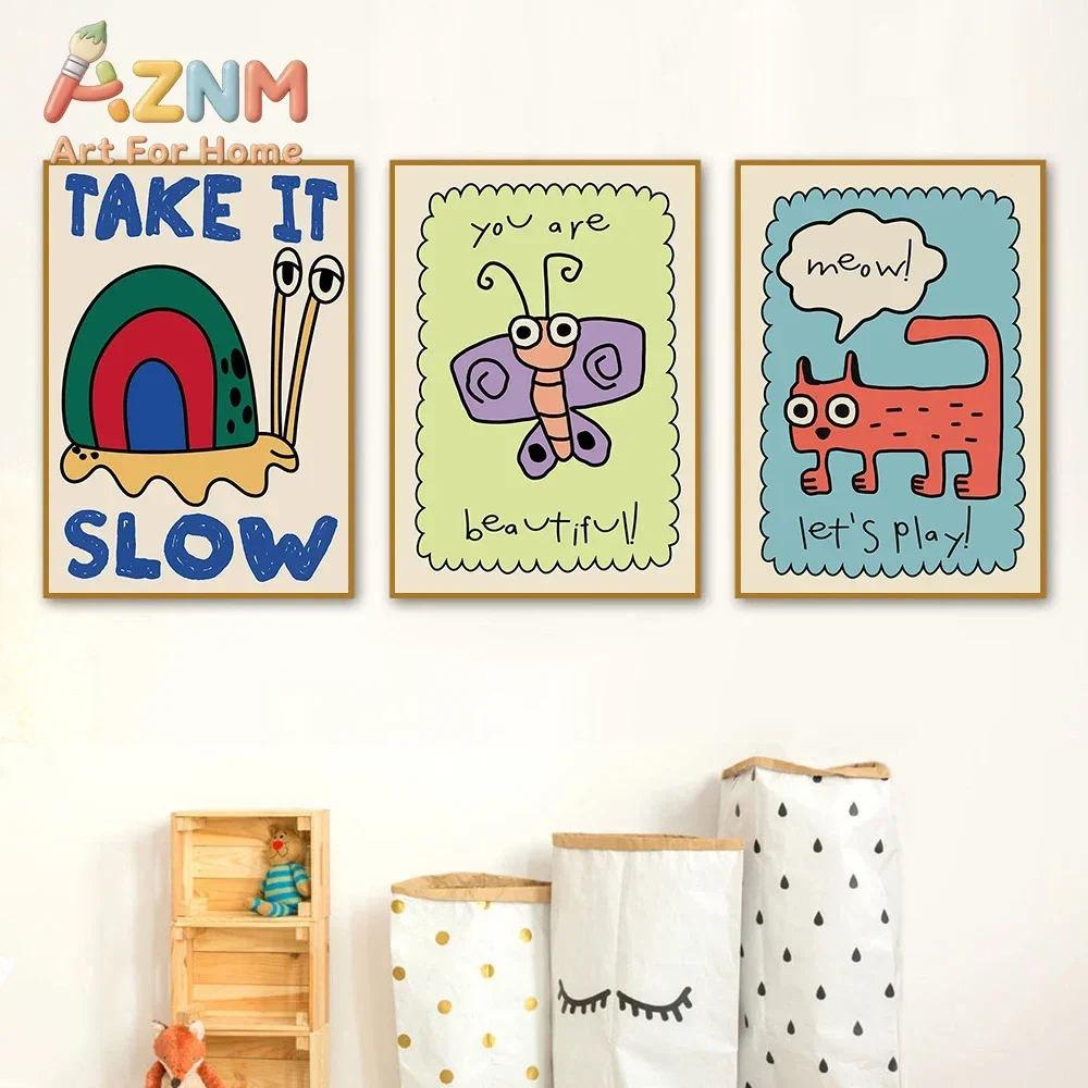 AZNM Cute Cartoon Sun Cat Snail Canvas Wall Art, Funny Quote Print, Kids Playroom Bedroom Wall Hanging Decor Poster