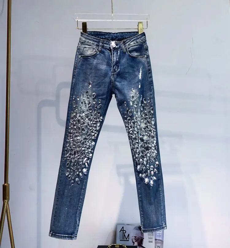 Imagem -03 - Strass Jeans Feminino 2023 Primavera Outono Pesado Indústria Moda Contas de Cintura Alta Solto Casual Calças Jeans Retas P2265