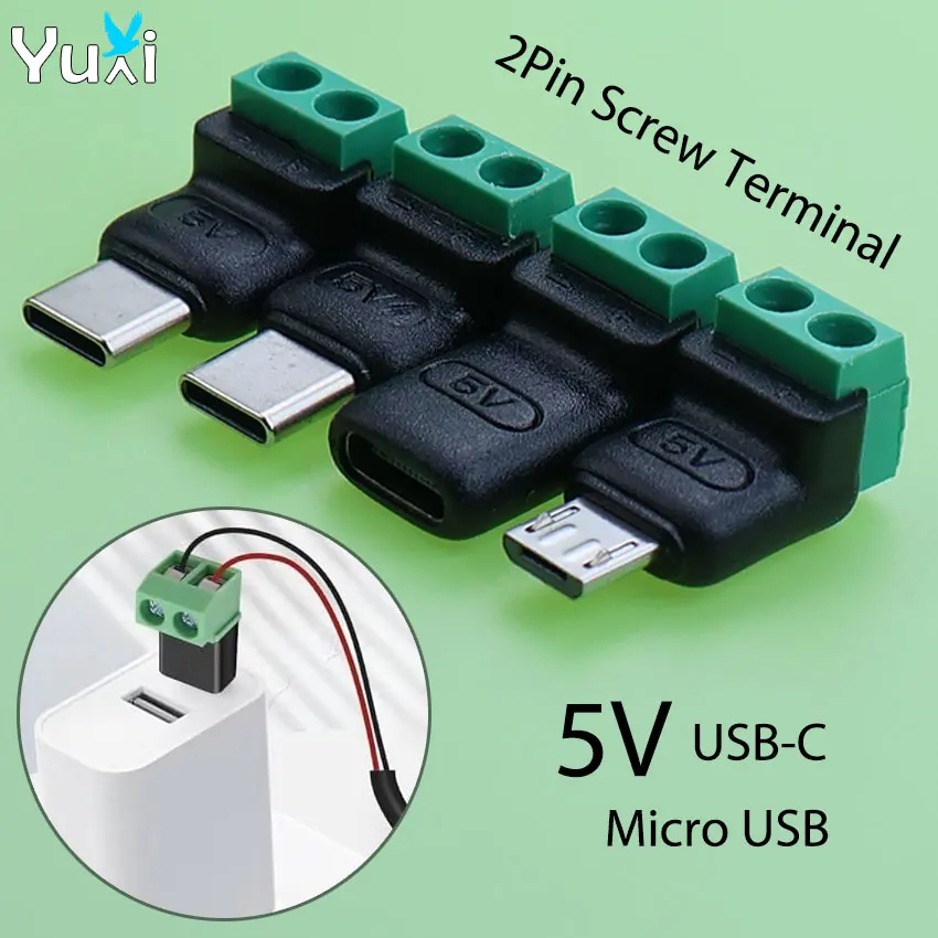 YuXi 1 Piece Micro USB Type-C To 2Pin Screw Terminal Block Solderless Plug Charging Adapter 5V USB-C OTG Connector