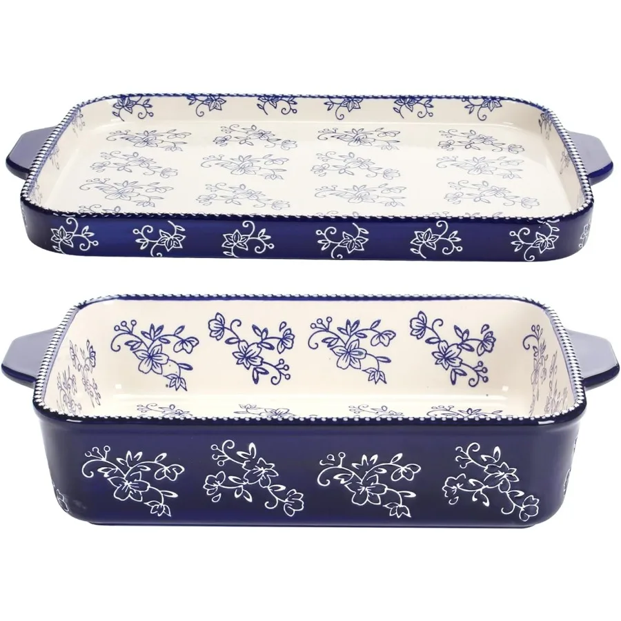 

Baking Pans Set 9x13 Set of 2 Blue Floral Lace Bakeware Sets with Casserole Dish for Oven and Serving Dish for Lasagna Pies Mea