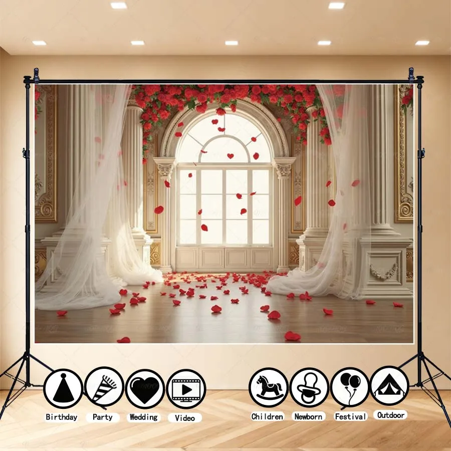 

MOON.QG Elegant Rose Archway Valentine's Day Photographic Background Golden Gate Hearts Backdrop Couple Accessories Photozone