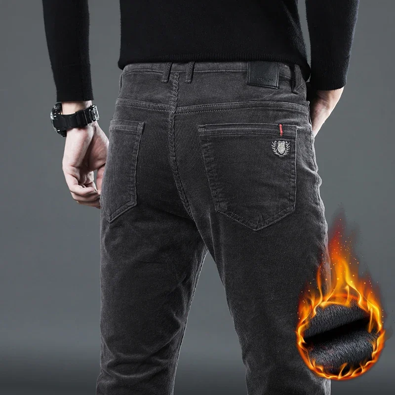 

Classic Casual Corduroy Fleece Thick Warm Men Fit Straight Pants Winter Flannel Fabric Youthful Vitality Slim Stretch Trousers