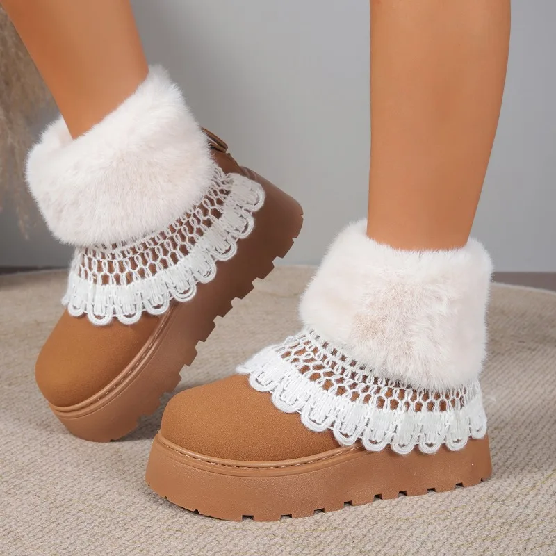 2026 Fashionable Lace Trim Solid Color Casual Women's Snow Boots Winter New Trendy Soft Soled Comfortable Warm Women Shoes