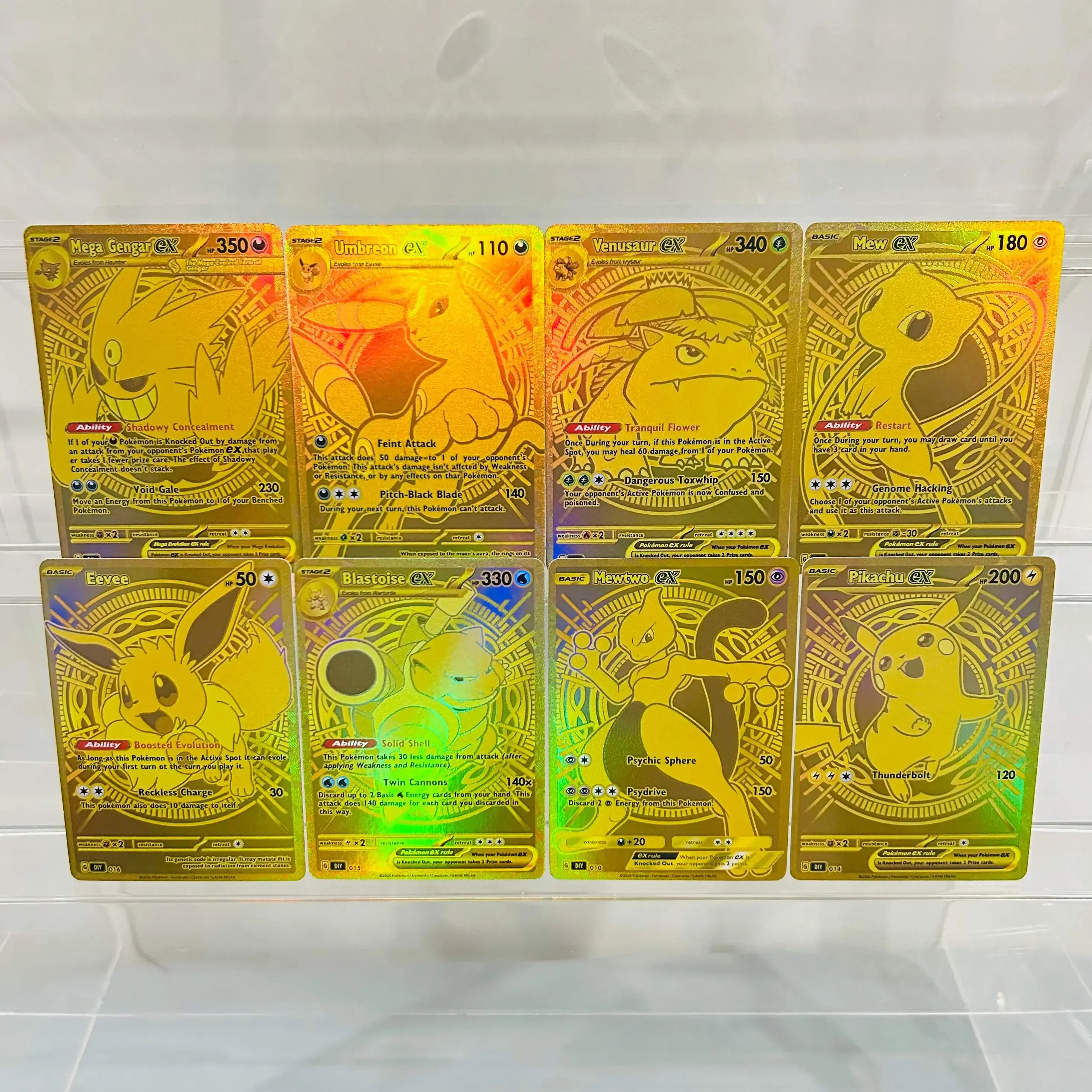  8pcs Gold Cards (Pikachu Mewtwo Mew Gengar) with Holographic Texture, Perfect Condition Premium Anime Collection Card