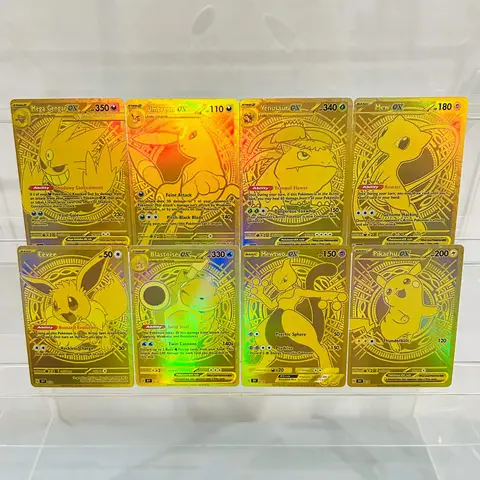  8pcs Gold Cards (Pikachu Mewtwo Mew Gengar) with Holographic Texture, Perfect Condition Premium Anime Collection Card