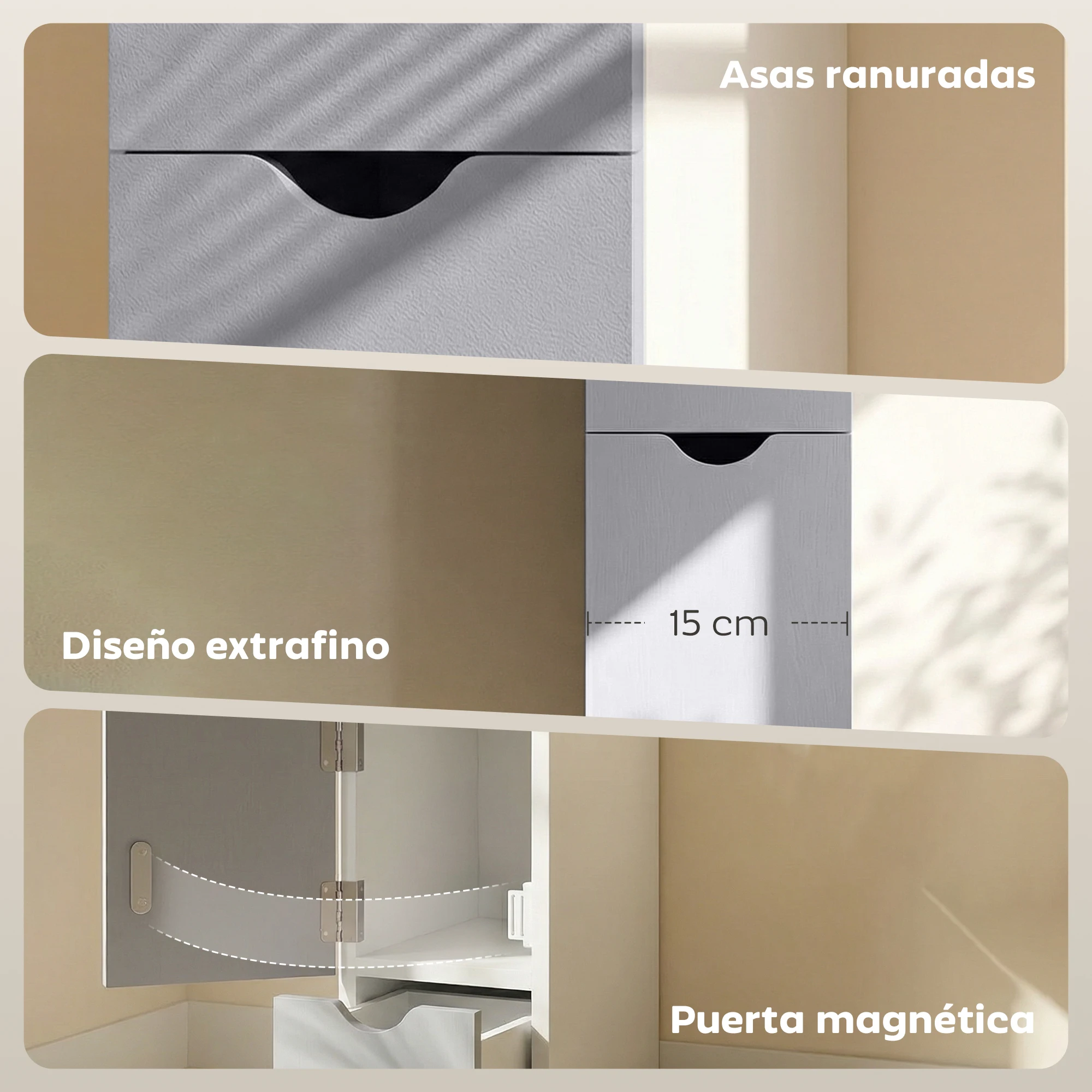 Mueble Auxiliar de Baño Moderno con 2 Estantes, 2 Cajones y 1 Puerta Antivuelco, 15x33x136,8 cm, Blanco