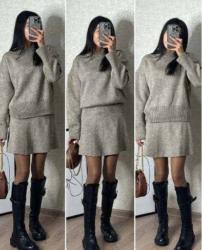 Women\'s Elegant Suits 2025 Autumn Winter Latest Solid Color Regular Sleeve Long Sleeves Top A-Line Skirt Knitted Skirt Set