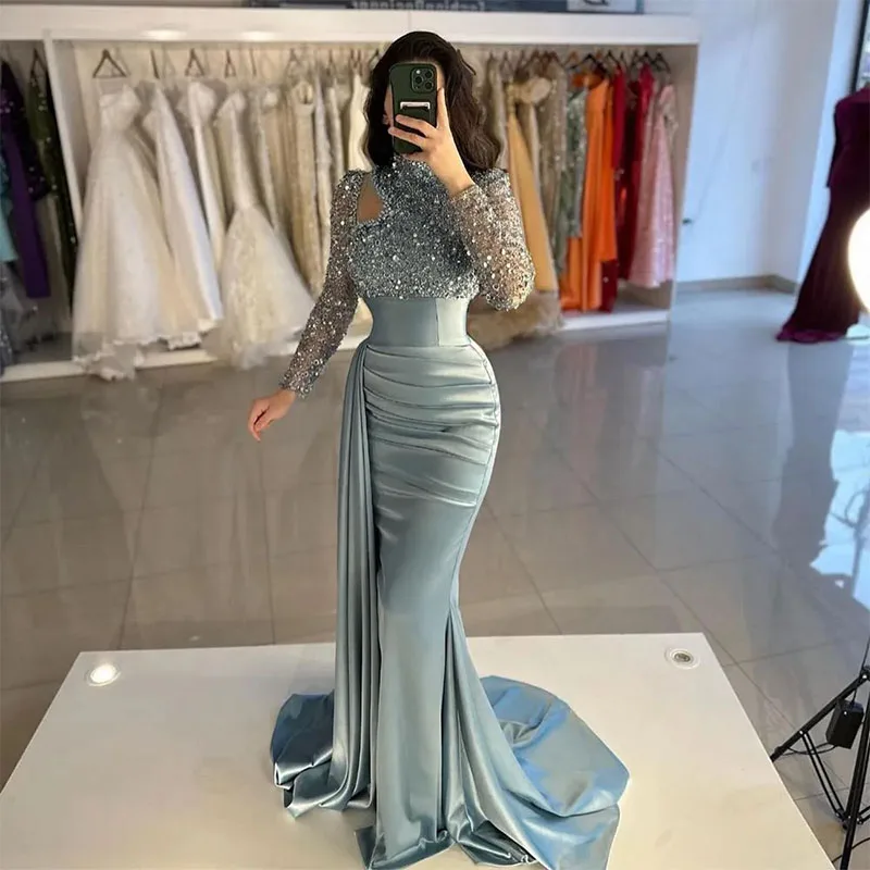 Stylish Beaded Mermaid Prom Dresses Long Sleeves Sequined Evening Gowns  High-Neck Sweep Train Side Split Special Occasion Wear