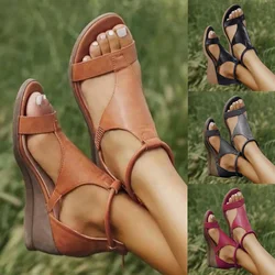 Women Fashion Roman Retro Sandals New Woman Casual Fish Mouth Open Toe Comfortable Slope Heel Back Zipper Sandals Female Shoes
