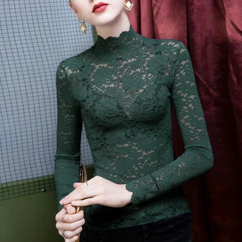 Y2K ยืดดอกไม้ลูกไม้ T เสื้อผู้หญิงกลีบแขนยาวเสื้อยืด S-3XL สีชมพูสีเขียวสีขาวสีดําแขนยาว Tees เสื้อผ้าสุภาพสตรี