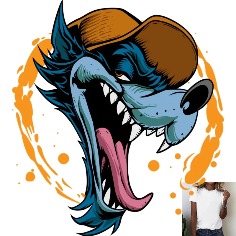 Trendy Cartoon Wolf Head with Hat Heat Transfer White Ink Iron - on, Street Style, Suitable for T - shirts, Canvas Bags,