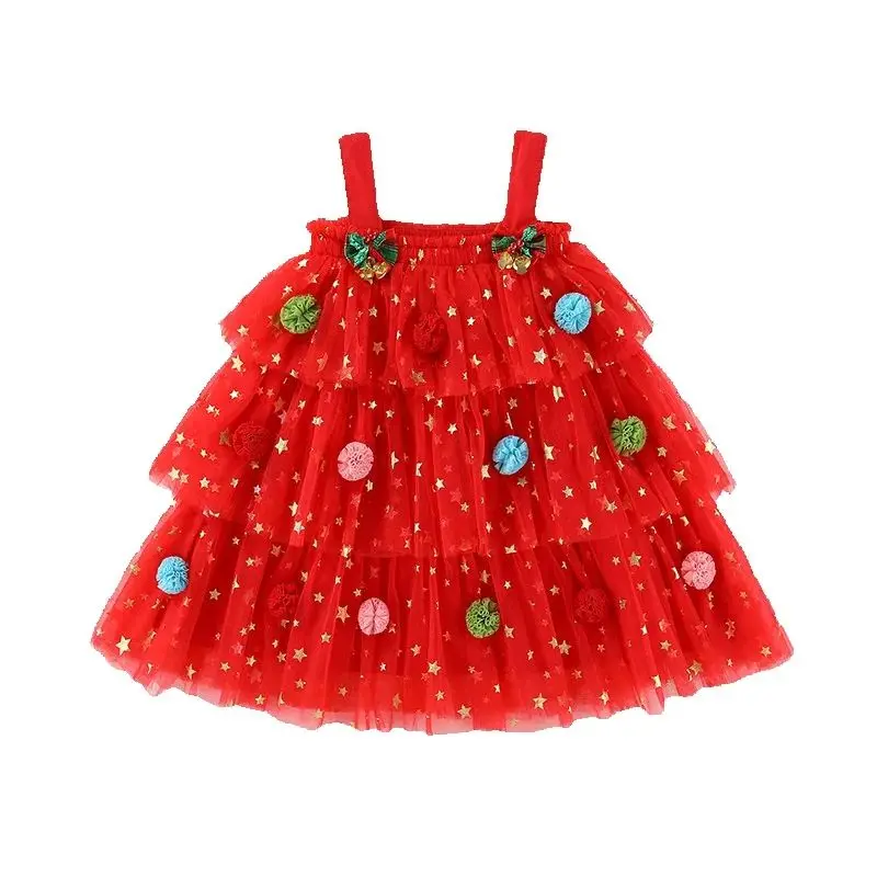 1-9Years Twim Girls New Year Greeting Christmas Dress Sling Star Printed Mesh Vestidos Love Pattern Cute Cake Dress