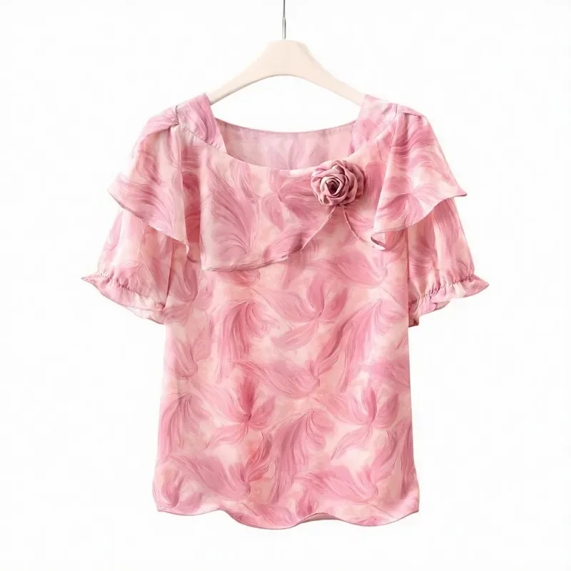 

Women Pink Floral Chiffon Blouse Ruffle Neckline Short Sleeve Casual Summer Top