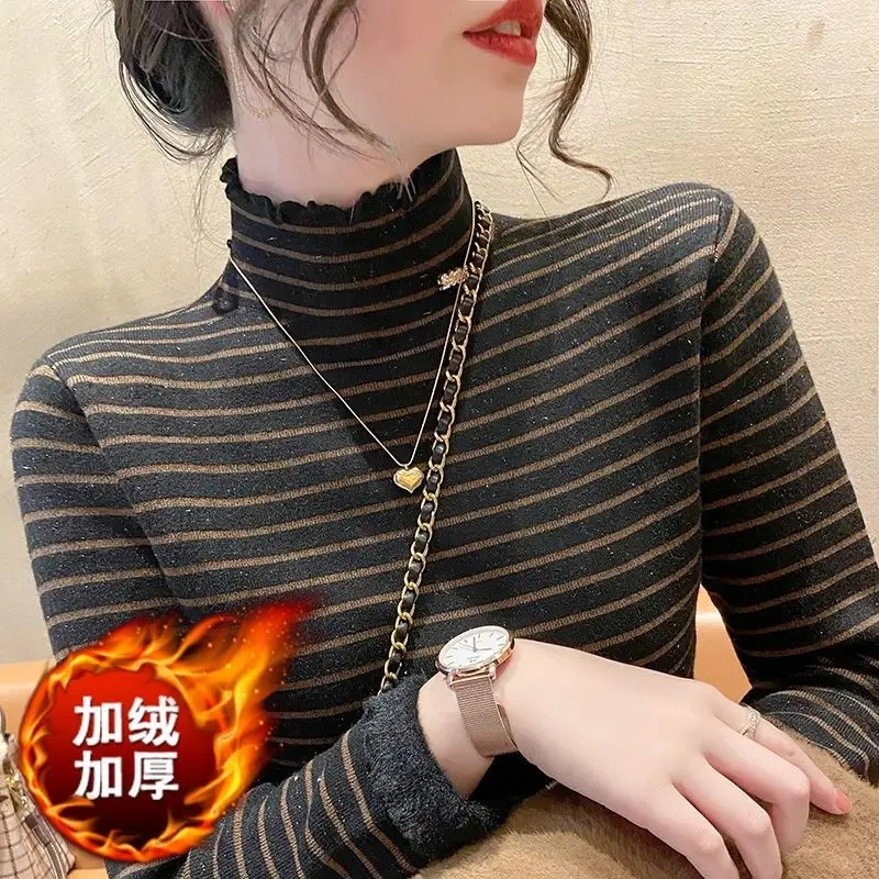 

Women's Autumn and Winter New Velvet Thickened Sweater All-in-one Velvet Long-sleeved Slim Warm Knitted Bottoming Shirt