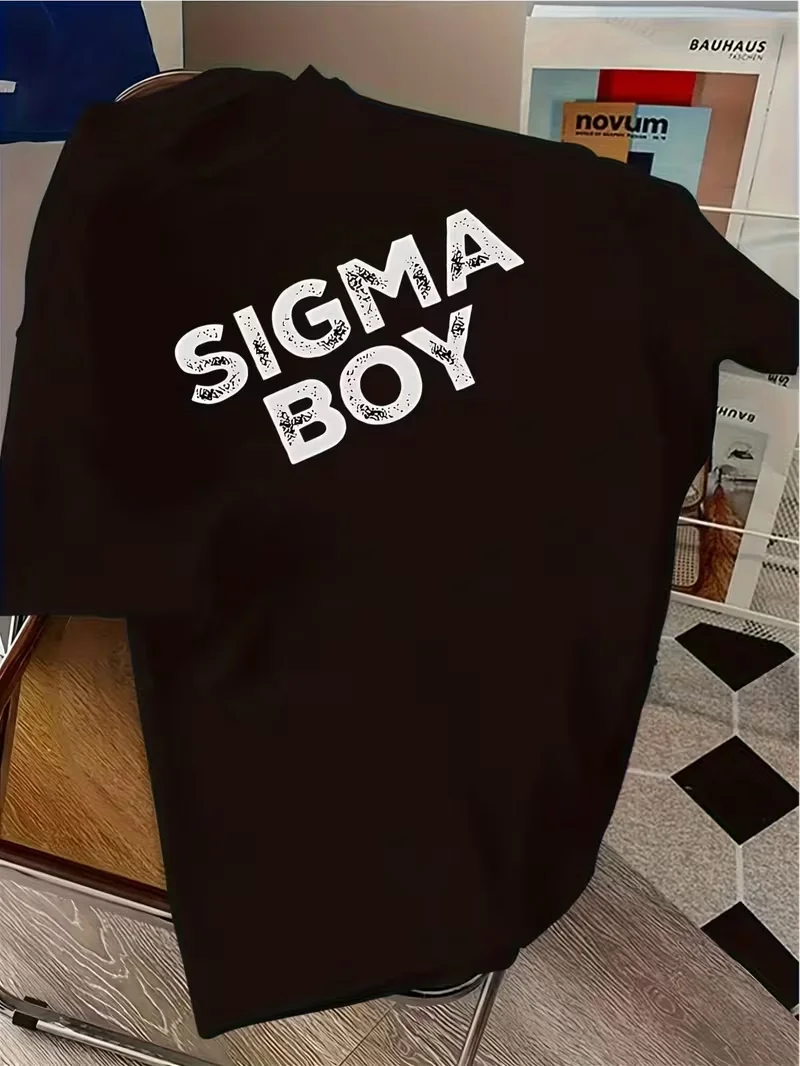 2026 Summer New Men's Oversized T-shirt SIGMA BOY Distressed Letter Print Casual Short Sleeve Streetwear Tops