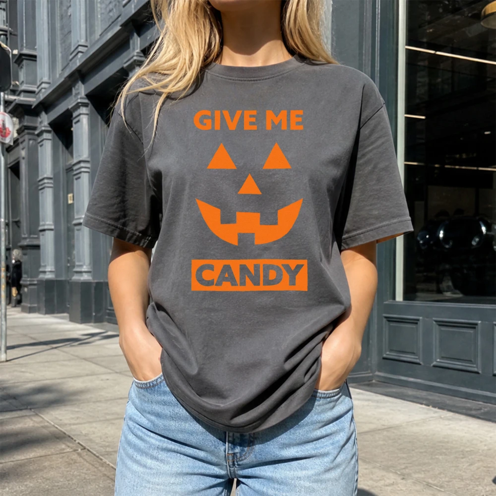 Give Me Candy Jack O Lantern Pumpkin Face Graphic Print T‑Shirt Unisex Funny Halloween Fall Casual Cotton Short Sleeve Y2k Top