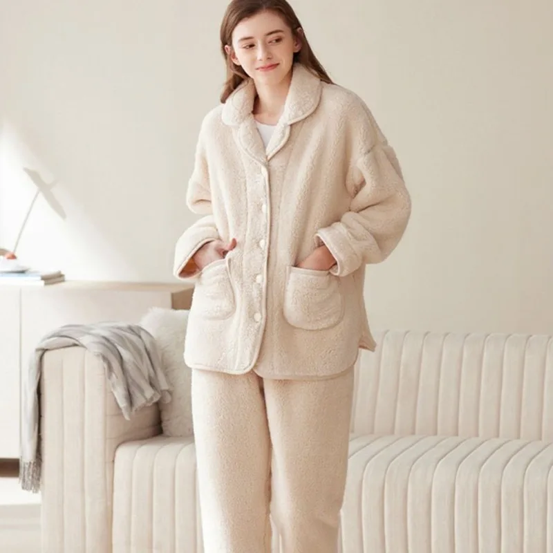 Pyjama Épais en Cachemire pour Femme, Vêtement de Nuit Chaud, Col en V, Collection Automne-Hiver, 2022