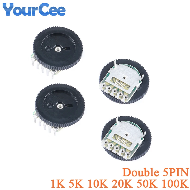 20Pcs Double Dial Potentiometer 1K 5K 10K 20K 50K 100K Ohm Volume Switch Disk 5 Pins B102 B502 B103 B203 B503 B104