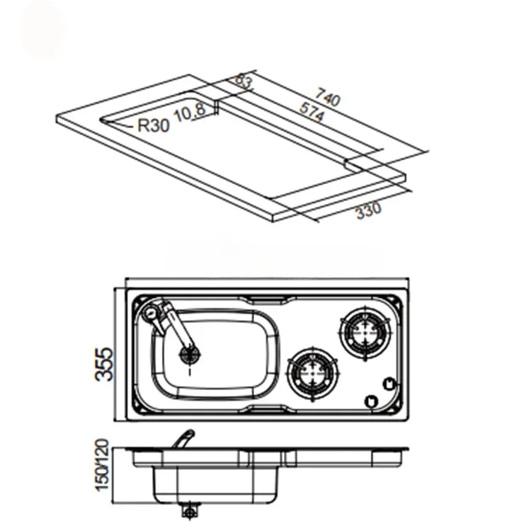 Black Glass 304 Stainless Steel Kitchen Sink Integrated Gas Stove for RV Caravan Camper Van Camper Trailer