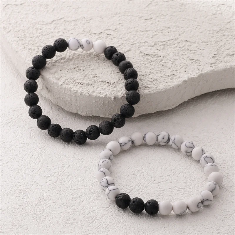 New White Turqoise Stone and Black Volcanic Stone Couple Bracelets Beautiful Trendy Nature Stone Round Bead Weave Bracelet Gift